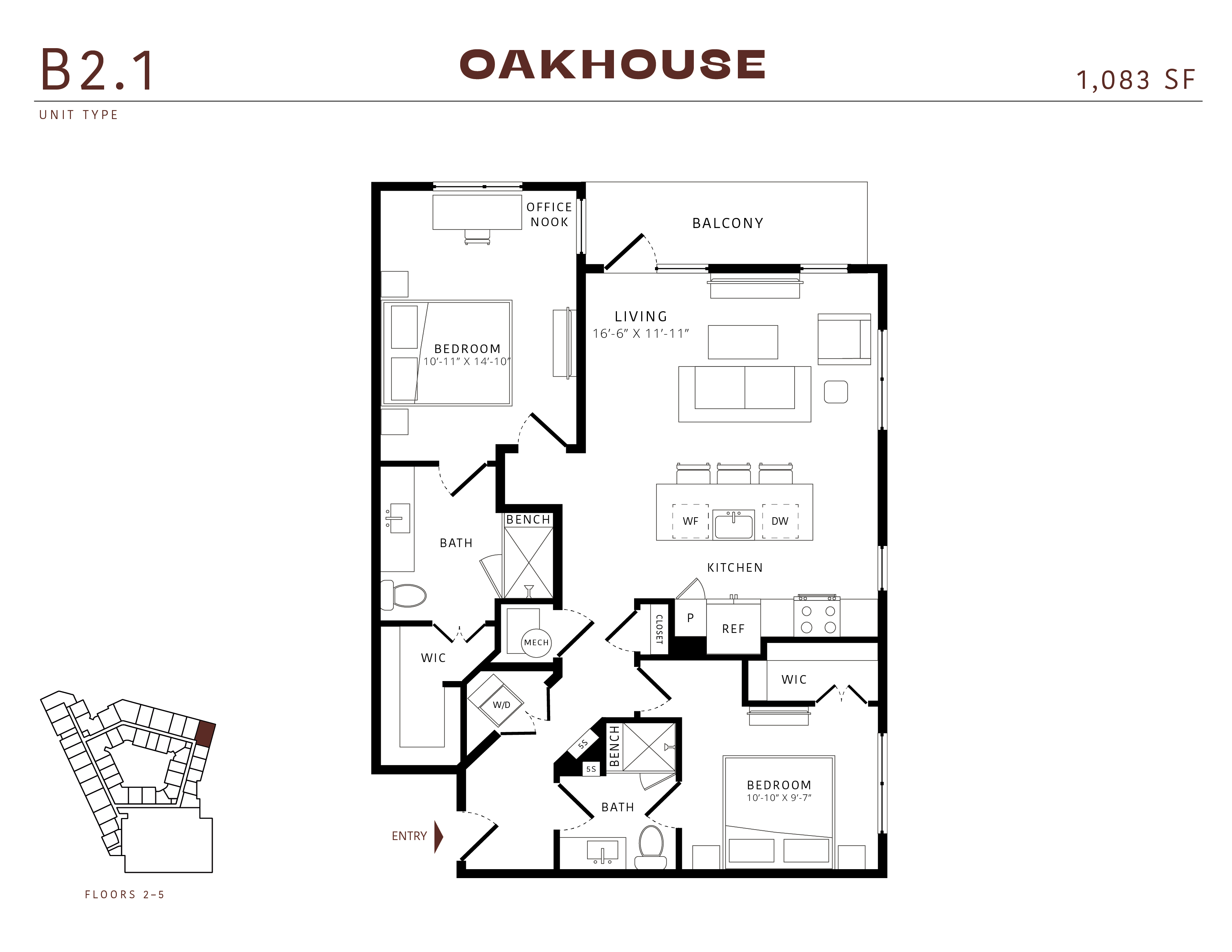 Floor plan for 2 beds, 2 baths, 1083 sqft